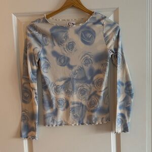 Art Class -Blue and Cream Pretty Floral Long Sleeve Top Waffle Print